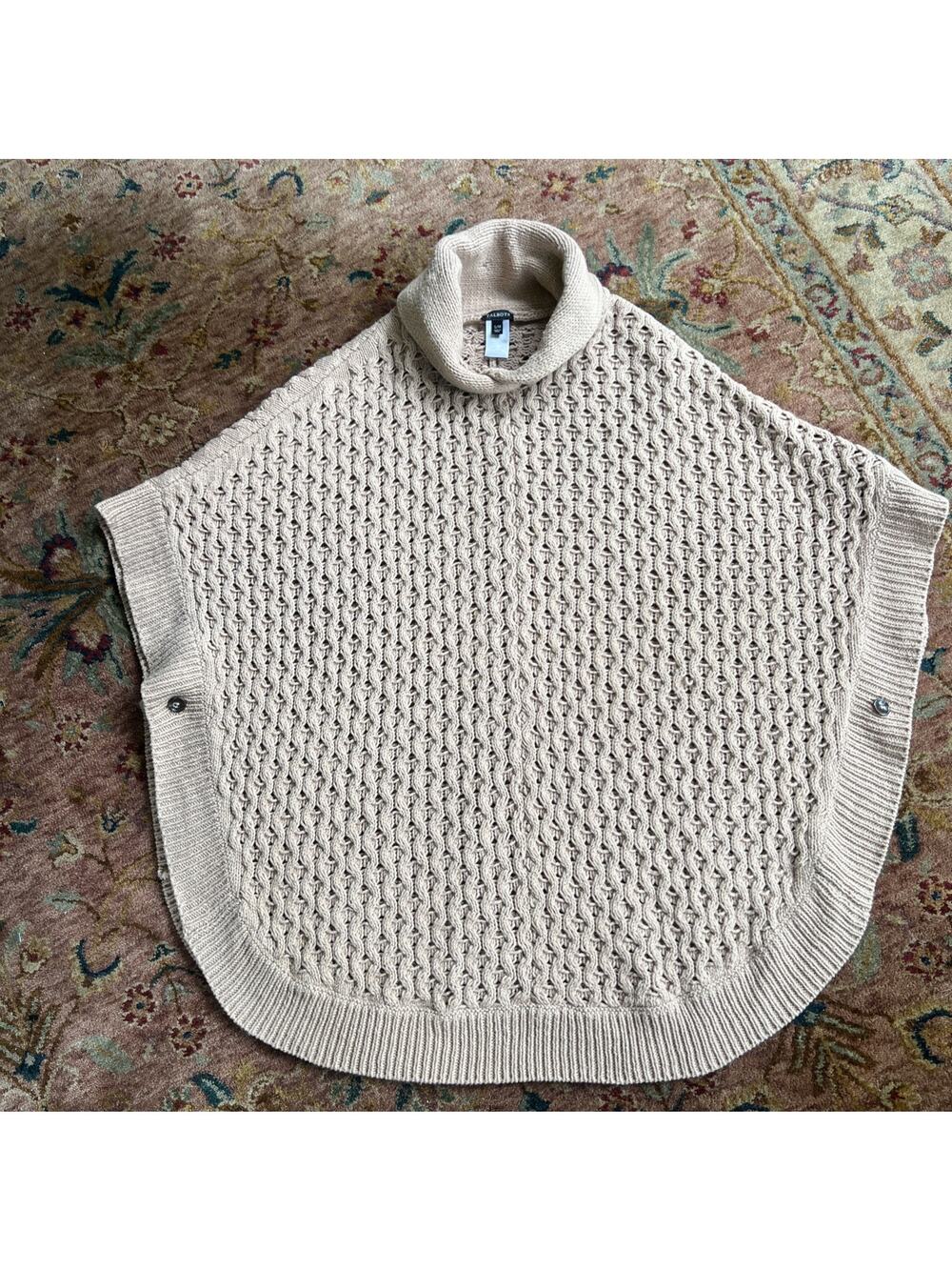 Talbots Cotton Blend Cable Knit Poncho Boho Sweater Beige Size S/M Cottagecore